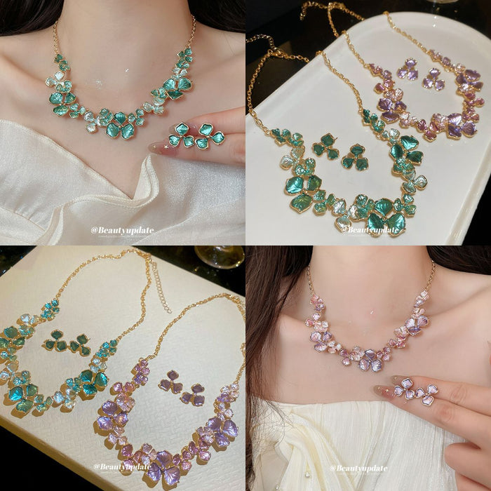 Gold Enamel Flower Necklace and Matching Stud Earrings