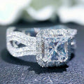 Silver Tone Square Stone Split Shank Halo Ring Polished Metal Jewelry view 2