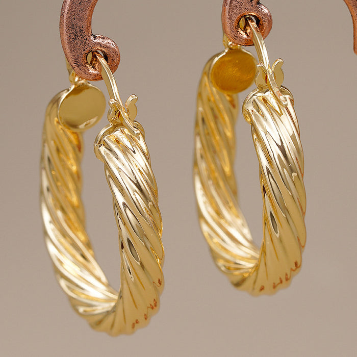 Gold Tone Twisted Rope Oval Hoop Earrings Latch Pair