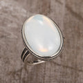 Antique Silver-Tone Filigree Ring, Oval Milky Cabochon, Brass view 3