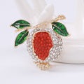 Red Pomegranate Brooch with Green Leaves and Clear Crystals view 6