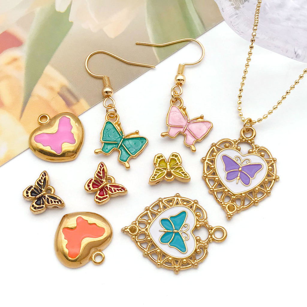 Color Enamel Stainless Steel Heart Butterfly Charm Pendant for DIY Bracelet Necklace
