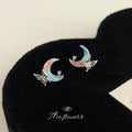Silver Tone Pink Aqua Crescent Moon Butterfly Stud Earrings view 3