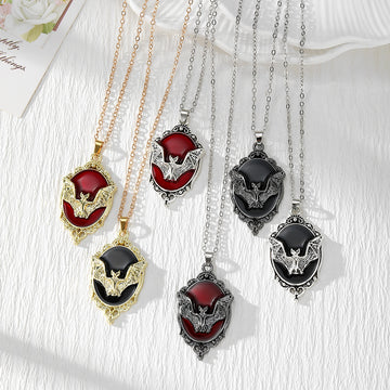 Gothic Bat Portrait Medallion Pendant Necklaces in Six Finishes