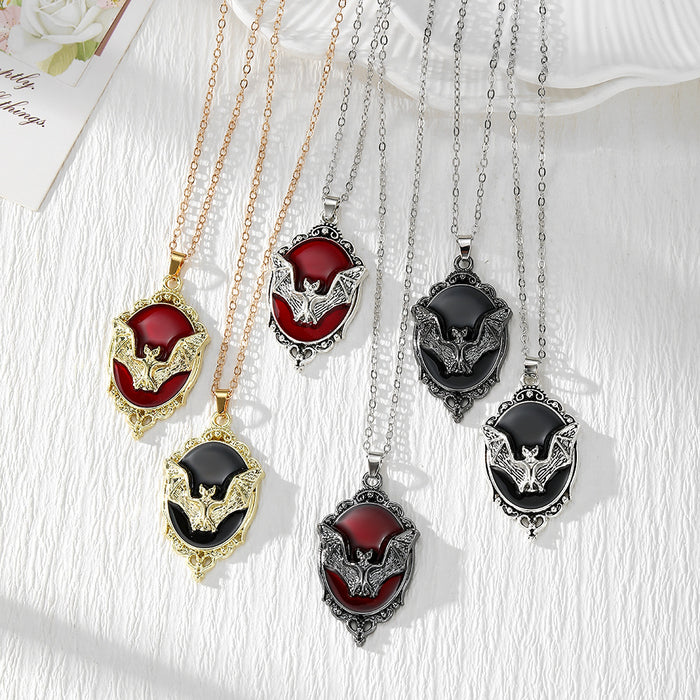 Gothic Bat Portrait Medallion Pendant Necklaces in Six Finishes