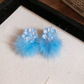 Flower Stud Earrings with Colorful Faux Fur Pom Poms view 7