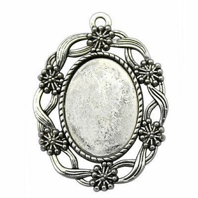 Floral Leaf Oval Cabochon Settings antique silver front view