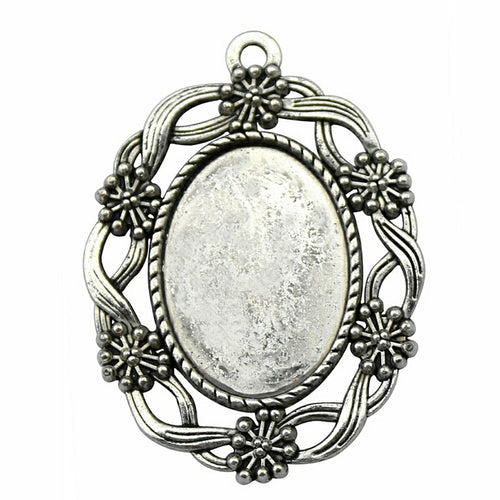 Floral Leaf Oval Cabochon Settings antique silver front view