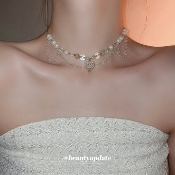 Gold Pearl Crystal Heart Pendant Choker Necklace Style