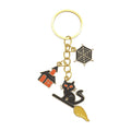 Black Cat Broom Haunted House Spider Web Gold Keychain view 5