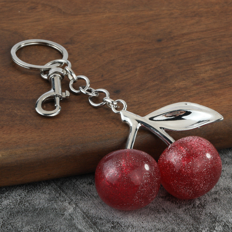 Red Resin Cherry Metal Keychain Shiny Fruit Bag Charm Pendant
