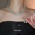 Silver Rhinestone Rhombus Pearl Collar Necklace and Drops view 3