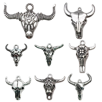 Antique Silver Tone Bull Skull Charms in Nine Pictured Designs