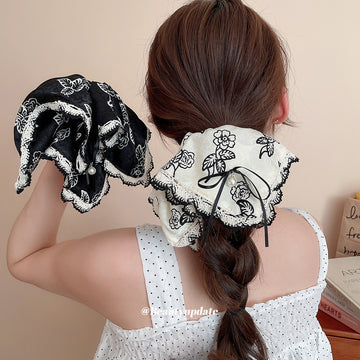 Ivory Black Floral Print Oversized Bow Scrunchie With Lace Edge