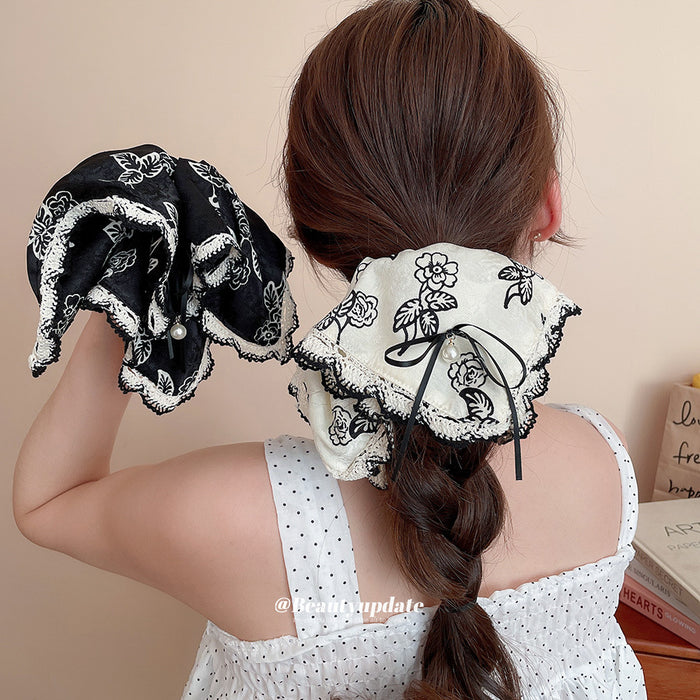 Ivory Black Floral Print Oversized Bow Scrunchie With Lace Edge