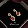 Gold Tone Red Oval Stone Clear Halo Drop Stud Earrings view 4