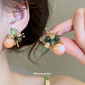 Green Stone And Peach Bead Flower Cluster Stud Earrings view 2