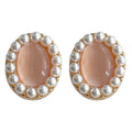 Gold Tone Peach Oval Stone White Pearl Like Halo Stud Earrings view 5