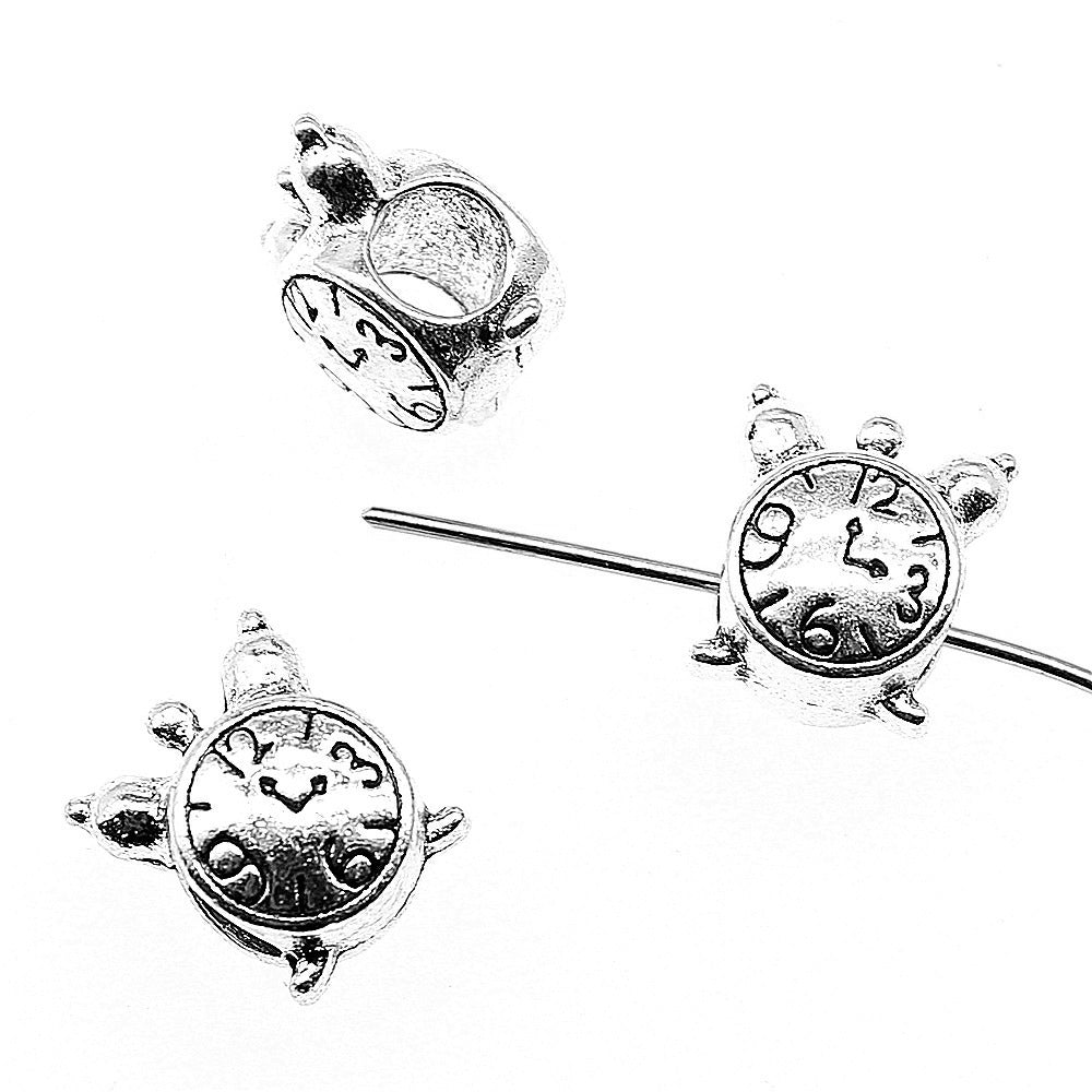 11x10x7mm 2g Antique Silver Zinc Alloy Alarm Clock Large Hole Beads for Bracelet Jewelry Making