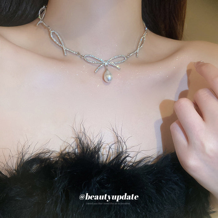 Silver Rhinestone Bow Link Pearl Drop Choker Single Style