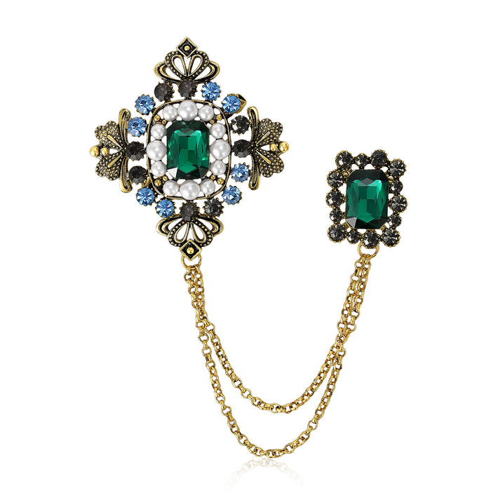 Baroque Double Chain Brooch With Pearl and Rectangular Jewels
