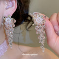 Floral Crystal Cascade Stud Earrings in Pink and Clear view 3