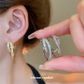 Crystal Double Row Huggie Earrings in Silver Tone Finish view 2