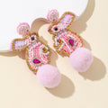 Pink Seed Bead Bunny Rabbit Earrings With Fluffy Pom Pom Tail view 3