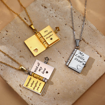 Engraved Openable Book Pendant Necklace in Three Metal Finishes