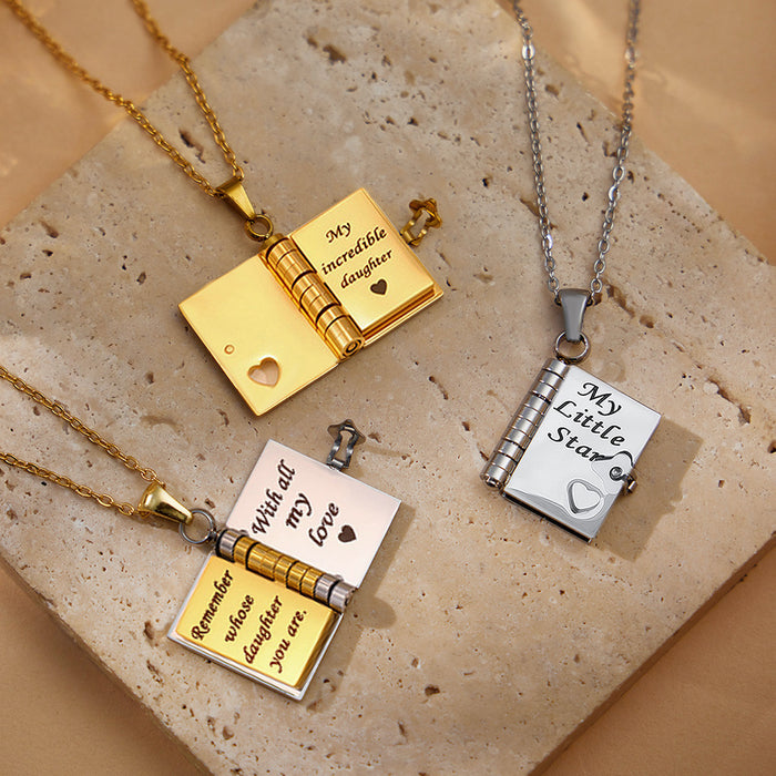 Engraved Openable Book Pendant Necklace in Three Metal Finishes