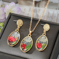 Gold Tone Oval Pressed Flower Necklace and Earring Sets view 2