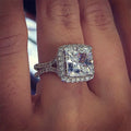 Silver Tone Princess Cut Clear Stone Halo Ring Split Shoulder view 1