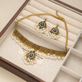 Blue Teardrop Choker Necklace and Fringe Earring Jewelry Set view 6