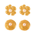 Textured Flower and Swirl Stud Earrings with Pearl Center Gold Steel view 5