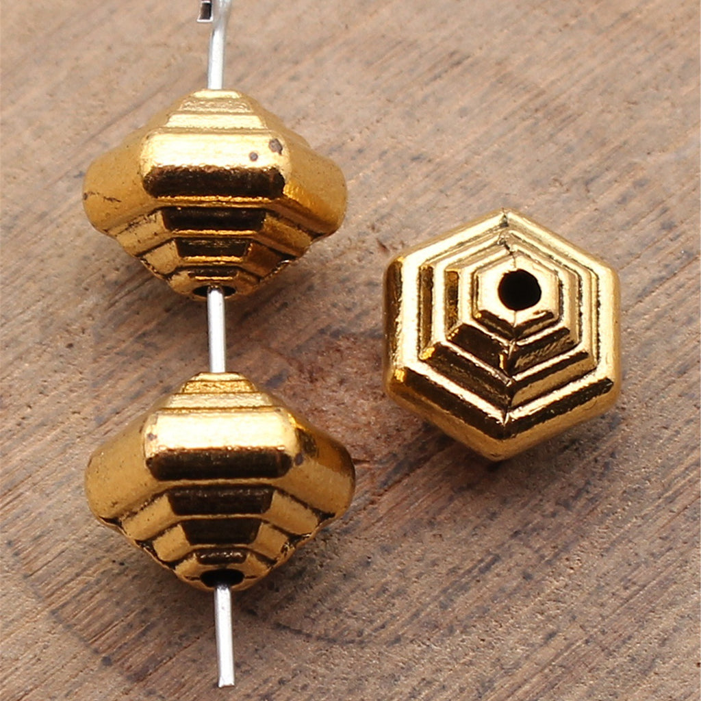 9.6x9.6x8.2mm 2.2g Antique Gold Zinc Alloy Layered Hexagon Loose Metal Beads for Bracelet DIY Jewelry Making