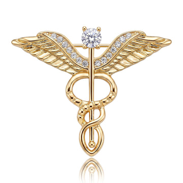 Crystal Caduceus Medical Symbol Brooch in Two Metal Tones