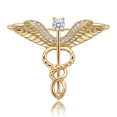 水钻蛇杖医疗标志 brooch shown from the front on a white background