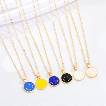 Gold Tone Enamel Smiley Face Pendant Necklaces in Six Colors