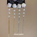 White Flower Pearl Threader Clip-On Earrings with Polished Metal Details view 4