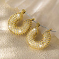 Gold Tone Small Pave Crystal Chunky Open Hoop Earrings view 2
