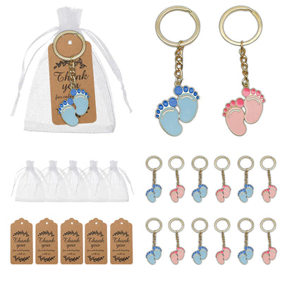 Pink and blue baby feet enamel keychains with bags and tags