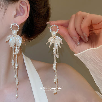 Silver Tone Floral Crystal Earrings With Long Chain Fringe
