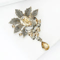 Champagne Crystal Leaf Brooch Teardrop Pendant Silver Tone view 3