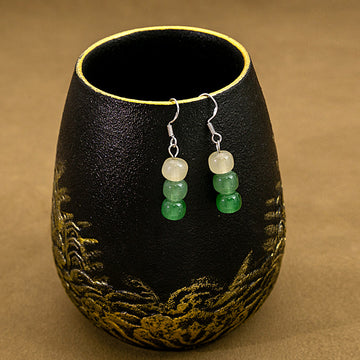 Green Gradient Three Bead Stack Drop Earrings Silver Hooks