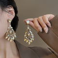Gold Tone Brown Crystal Leaf Cluster Drop Earrings view 2