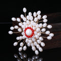 White Pearl Beaded Burst Brooch With Red Crystal Center view 4