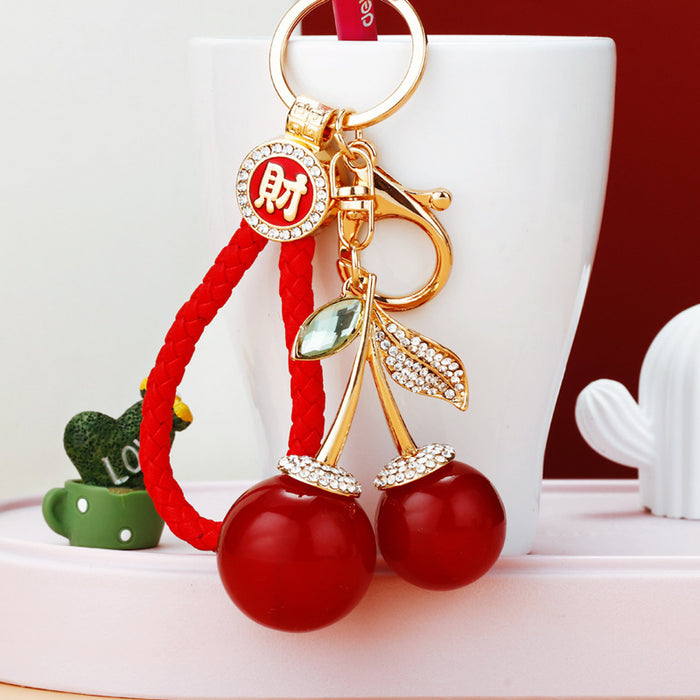 Double Red Cherry Keychains with Crystal Leaves and Loop Options