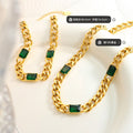 Gold Cuban Chain Necklace Bracelet Green Glass Stones view 2