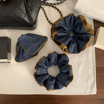 Blue Denim Scrunchies And Triangle Claw Clip Brown Trim