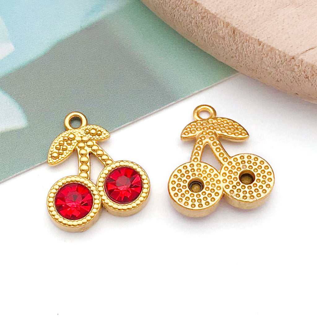Stainless Steel Rhinestone Cherry Charm Pendant for DIY Necklace Bracelet Earrings